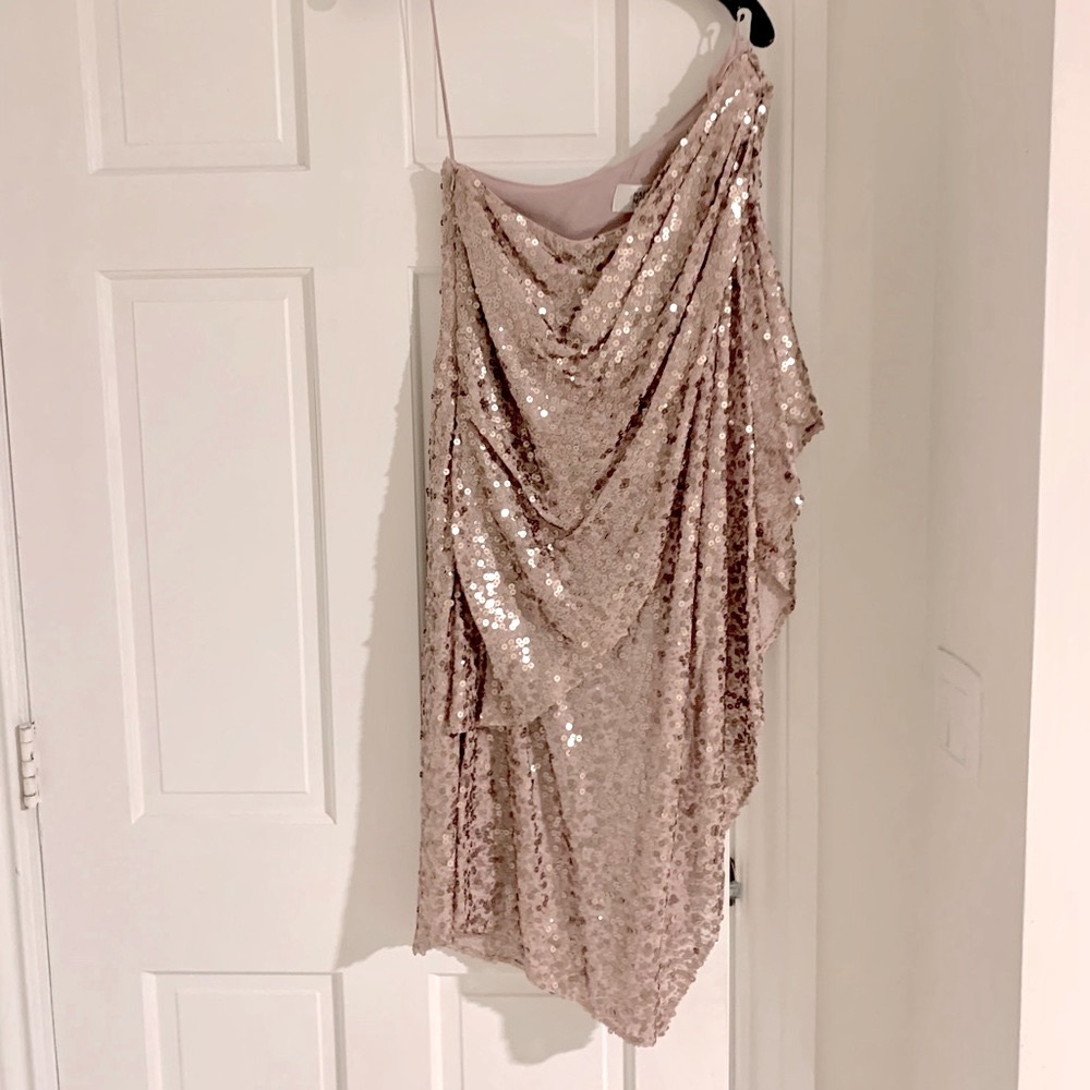 Badgley Mishka blush sequin one shoulder caftan dress. Size 6. Worn once!